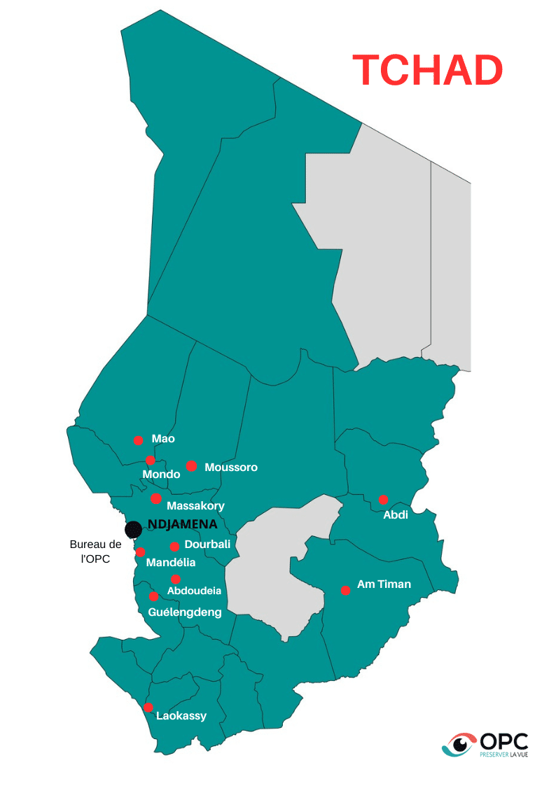 Carte du Tchad représentant les 11 districts où l’OPC et ses partenaires ont fait des campagnes de chirurgies du trichiasis trachomateux durant l’année 2022.